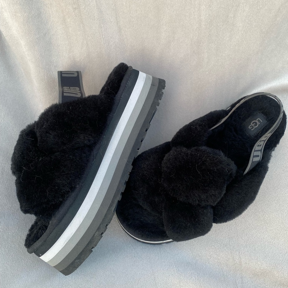 UGG Women's Black Fluffy Slippers